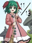  1girl :d animal_ears bamboo_broom broom brown_dress collarbone commentary_request dated dog_ears dress green_eyes green_hair holding holding_broom itani_illust kasodani_kyouko musical_note open_mouth short_hair smile solo stone_lantern touhou 