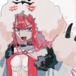 baobhan_sith_(fate) breasts cernunnos_(fate) choker claws cleavage commentary_request cosplay double-parted_bangs fangs fate/grand_order fate_(series) grey_eyes kigurumi kongnan_147 open_mouth red_choker solo white_background white_headwear 