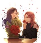  2girls absurdres asymmetrical_bangs bare_shoulders black_jacket blush bouquet brown_hair closed_eyes commentary_request crying flower green_hoodie highres holding holding_bouquet hood hoodie jacket kotaki_nagi long_hair long_sleeves mop_6_6 multiple_girls nose_blush off_shoulder open_mouth petals project_sekai red_hair shiraishi_an simple_background smile tears white_background wiping_tears yuri 