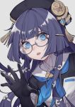  1girl absurdres black_gloves black_headwear blue_eyes blue_neckerchief glasses gloves hat highres honkai:_star_rail honkai_(series) looking_at_viewer neckerchief open_mouth pela_(honkai:_star_rail) purple_hair semi-rimless_eyewear shirt simple_background solo under-rim_eyewear upper_body white_background white_shirt yuk233 