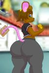  anthro big_butt blue_eyes bottomwear brown_body brown_fur brown_hair butt cheese clothing crop_top dairy_products eating female food fur hair hi_res mammal mouse mouse_trap murid murine pants ponytail rodent shirt solo thick_thighs topwear trap_(contrivance) yeetboi420z yoga_pants 