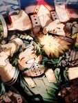  2boys ^_^ arm_up bakugou_katsuki bangs bare_shoulders black_mask black_tank_top bleeding blonde_hair blood blurry blush bodysuit boku_no_hero_academia closed_eyes collarbone curly_hair cuts detached_sleeves eye_mask freckles from_above gloves green_bodysuit green_gloves green_hair grin hand_on_forehead hand_on_own_forehead hand_on_own_head happy highres injury lying male_focus mask_lift midoriya_izuku multiple_boys naruna_(star) on_back open_mouth orange_gloves outstretched_arm outstretched_arms profile raised_eyebrows rubble scar scar_on_arm scratches short_hair signature sleeveless smile spiked_hair spoilers spread_arms tank_top torn_bodysuit torn_clothes torn_sleeve two-tone_gloves upper_body v-neck white_gloves wreckage 