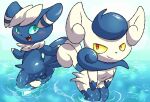  anthro balls blush breasts butt duo fangs female generation_6_pokemon genitals looking_at_viewer male meowstic mincheeto nintendo partially_submerged pokemon pokemon_(species) teeth 