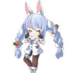  1girl ame. animal_ear_fluff animal_ears black_gloves black_leotard blue_hair blush_stickers braid brown_pantyhose chibi closed_eyes detached_sleeves don-chan_(usada_pekora) dress facing_viewer fur-trimmed_dress fur-trimmed_gloves fur_trim gloves grin hair_between_eyes hands_up highres hololive leotard leotard_under_clothes multicolored_hair pantyhose puffy_short_sleeves puffy_sleeves rabbit_ears shoes short_eyebrows short_sleeves simple_background smile solo standing thick_eyebrows twin_braids twintails two-tone_hair usada_pekora virtual_youtuber white_background white_dress white_footwear white_hair white_sleeves 