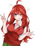  1girl ;p ahoge blue_eyes blush breasts closed_mouth collared_shirt commentary_request double_v embarrassed fingernails flying_sweatdrops go-toubun_no_hanayome hair_ornament head_tilt highres large_breasts long_hair looking_at_viewer mame1645 miniskirt nakano_itsuki one_eye_closed pleated_skirt red_hair red_sweater_vest school_uniform shirt short_sleeves sidelocks simple_background skirt smile solo star_(symbol) star_hair_ornament straight-on sweat sweater_vest tongue tongue_out upper_body v v-shaped_eyebrows very_long_hair w_arms wavy_hair white_background white_shirt 