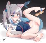  1girl animal_ear_fluff animal_ears anus ass barefoot blue_eyes blue_hair blue_skirt blush boppin bottomless brown_footwear cat_ears cleft_of_venus closed_mouth cube_hair_ornament feet fins fish_tail flat_chest full_body gawr_gura gawr_gura_(2nd_costume) grey_hair hair_ornament highres hololive hololive_english long_hair looking_at_viewer lying miniskirt multicolored_hair official_alternate_costume on_back pussy sandals shark_tail shirt side_ponytail sidelocks signature simple_background skirt skirt_rolled_up skirt_set sleeveless sleeveless_shirt soles solo spread_legs streaked_hair tail virtual_youtuber white_shirt 