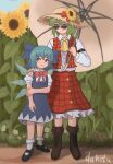  2girls absurdres blue_dress blue_eyes blue_hair boots bow bowtie brass_knuckles brown_footwear cirno dress duhota field flower flower_field frilled_skirt frills frown green_hair hand_on_another&#039;s_shoulder height_difference highres ice ice_wings kazami_yuuka long_sleeves looking_at_viewer mary_janes multiple_girls pinafore_dress plaid plaid_skirt plaid_vest puffy_short_sleeves puffy_sleeves red_eyes red_skirt red_vest redrawn shirt shoes short_hair short_sleeves skirt sleeve_garter sleeveless sleeveless_dress socks sunflower sunglasses tearing_up touhou vest wavy_mouth weapon white_shirt wings 