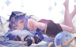  1girl bare_shoulders bed black_gloves blue_hair blue_sleeves crown detached_sleeves drill_hair genshin_impact gloves gold_trim gradient_hair highres layla_(genshin_impact) legs_up long_hair looking_at_viewer lying meiyan_(boyimachao) multicolored_hair on_stomach orange_eyes orb pantyhose pillow pointy_ears sidelocks slit_pupils solo the_pose white_background white_pantyhose 