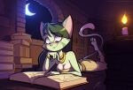  anthro barefoot book breasts candle cleavage clothed clothing domestic_cat dreamkeepers eyewear feet felid feline felis female fur glasses green_body green_fur green_hair hair hi_res lilith_calah mammal moon pink_nose psicoyote purple_eyes solo tail topwear tube_top 