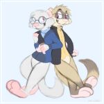  anthro brother_(lore) clothing domestic_ferret duo embrace eyewear glasses hi_res hug jacket luthor male mammal mustelid musteline sibling_(lore) thomas_(character) topwear true_musteline weasel zenfetcher 