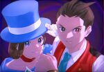  1boy 1girl ace_attorney antenna_hair apollo_justice blue_eyes blue_headwear blue_necktie bracelet brother_and_sister brown_eyes brown_hair closed_mouth collared_shirt forked_eyebrows gloves half-siblings hand_on_headwear hand_up hat heterochromia highres jewelry lapel_pin lapels looking_at_viewer necktie off_shoulder portrait red_eyes red_scarf red_vest scarf shirt siblings smile strapless top_hat trucy_wright vest white_gloves white_shirt yymmawo_vv2 