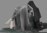  1girl barefoot black_dress black_hood cloak covered_eyes dark_souls_(series) dark_souls_iii dress feet green_undershirt hood leg_wrap nun painting_(medium) red_lips september22nd simple_background sister_friede sitting solo traditional_media white_trim 