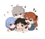  2boys 2girls ayanami_rei blue_hair chibi flower hair_between_eyes heart ikari_shinji multiple_boys multiple_girls nagisa_kaworu neon_genesis_evangelion one_eye_closed orange_hair sad school_uniform short_hair simple_background souryuu_asuka_langley tokyo-3_middle_school_uniform uhyo_vi white_background 