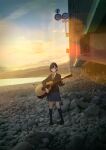  1girl beach black_hair black_jacket blazer blue_necktie blue_skirt brown_footwear cloud evening guitar highres holding holding_instrument instrument jacket kneehighs music necktie ocean original outdoors playing_instrument pleated_skirt road_sign sakeharasu scenery short_hair sign skirt sky socks solo water 