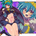  1girl artist_name bird_legs black_feathers black_wings blush breasts claws commission feathers green_hair harpy heart heart_tattoo highres indie_virtual_youtuber lincoro looking_at_viewer medium_breasts midriff monster_girl navel open_mouth pointy_ears short_hair short_twintails skeb_commission smile stomach_tattoo talons tattoo tetetetetetet_a tiara twintails virtual_youtuber winged_arms wings yellow_eyes 