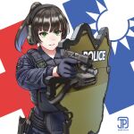  1girl artist_name ballistic_shield blue_gloves blue_pants brown_hair dated flashlight gloves green_eyes gun handgun highres jpc military_police original pants police police_uniform republic_of_china_flag shield smile solo uniform uwu walther walther_p99 weapon 