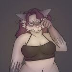  1:1 absurd_res animal_humanoid anthro belly bra bralette chubby_belly chubby_female clothing cricket_(jellykinz) crop_top female hi_res humanoid jellykinz mammal mammal_humanoid navel procyonid procyonid_humanoid raccoon raccoon_humanoid rubbing_eye rubbing_eyes shirt slightly_chubby solo sports_bra tired topwear underwear 