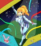  2022 5_fingers big_breasts blonde_hair blush breasts confetti cottontail digital_media_(artwork) female fingers gift green_eyes hair hi_res human human_only mammal metroid nintendo nipple_outline not_furry open_mouth ponytail samus_aran smile solo standing zero_suit 