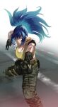  1girl ammunition_pouch bare_shoulders belt blue_eyes blue_hair boots camouflage camouflage_pants cargo_pants combat_boots dog_tags earrings exocet gloves highres jewelry leona_heidern pants ponytail pouch sleeveless tank_top the_king_of_fighters the_king_of_fighters_xv triangle_earrings yellow_tank_top 