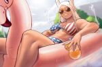  1girl abs american_flag_bikini animal_ears bikini boku_no_hero_academia breasts cup dark-skinned_female dark_skin drinking_straw english_commentary feet_out_of_frame fingernails flag_print fourth_of_july front-tie_bikini_top front-tie_top highres holding holding_cup inflatable_flamingo innertube large_breasts long_hair looking_at_viewer lying mirko muscular muscular_female nail_polish on_back outdoors parted_bangs rabbit_ears rabbit_girl red_eyes smile solo swimsuit toned water white_hair yellow-framed_eyewear zukululuu 