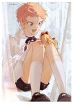  1boy black_shorts border brown_footwear doll ensemble_stars! grey_curtains highres holding holding_doll itsuki_shu mademoiselle_(ensemble_stars!) male_focus open_mouth pink_hair shirt short_bangs short_hair shorts socks solo twitter_username white_border white_shirt white_socks yonumo 