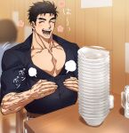  1boy after_meal bara belly belt black_hair blue_eyes blue_shirt bowl_stack brown_belt chopsticks domo_(domo_kizusuki) full_stomach hands_on_own_stomach happy highres indoors kokado_shido_(domo) large_pectorals male_focus muscular muscular_male open_mouth original pants pectoral_cleavage pectorals restaurant shirt short_hair sideburns sitting solo stomach_bulge thick_eyebrows tight_clothes tight_shirt translated upper_body v-neck veins white_pants 