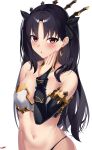  1girl absurdres armlet bikini black_hair blush bracelet breasts detached_sleeves earrings fate/grand_order fate_(series) gold_trim hair_ribbon highres hoop_earrings ishtar_(fate) jewelry kurozawa_yui long_hair looking_at_viewer medium_breasts mismatched_bikini neck_ring open_mouth parted_bangs red_eyes ribbon single_detached_sleeve solo swimsuit tiara two_side_up 