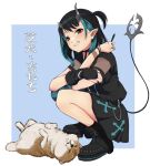  1girl akita_inu belt black_belt black_dress black_footwear black_hair blue_background blue_hair blue_pantyhose blush boots cross_print demon_girl demon_horns demon_tail dog dress fingernails flat_chest full_body grey_background grey_pantyhose grin highres holding holding_pen horns looking_at_viewer medium_bangs medium_hair multicolored_hair nanashi_inc. official_alternate_costume one_side_up pantyhose pen pointy_ears print_dress red_eyes red_nails shishio_chris shishio_chris_(3rd_costume) short_sleeves single_leg_pantyhose smile solo squatting striped striped_pantyhose tail tengu_nimuru two-tone_background two-tone_hair virtual_youtuber white_background wristband 