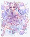  1girl animal_ear_fluff animal_ears bare_legs blue_hair blush bow bowtie cat cat_ears cloud collar commentary cotton_candy detached_sleeves dress flower frilled_collar frills gradient_hair hair_flower hair_ornament hairclip highres hydrangea leaf light_frown looking_at_viewer multicolored_hair original parted_bangs pink_dress pink_flower purple_bow purple_bowtie purple_eyes purple_hair see-through_cleavage side_slit simple_background sleeveless sleeveless_dress solo sparkle symbol-only_commentary tsukumi_bis twitter_username white_background white_sleeves 