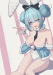  1girl absurdres animal_ears antenna_hair aqua_eyes aqua_hair aqua_nails arm_support armband bare_shoulders between_breasts bicute_bunnies_miku black_bow black_necktie bow breasts chemise cleavage detached_collar double_bun doughnut_hair_bun fake_animal_ears fingernails fishnet_pantyhose fishnets fur_collar hair_between_eyes hair_bow hair_bun hatsune_miku highres large_bow large_breasts leotard long_hair looking_at_viewer nail_polish natsugou_shinogi necktie open_mouth pantyhose playboy_bunny rabbit_ears sidelocks sitting solo strapless strapless_leotard teeth upper_teeth_only vocaloid white_leotard white_pantyhose wrist_cuffs 