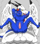  a-side anal anal_penetration anthro balls big_balls big_penis blush claws dragon duo felid genitals horn male male/male mammal muscular muscular_male penetration penis sex wings 