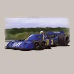  1boy arhentol car formula_one from_side goodyear helmet highres motion_blur motor_vehicle race_vehicle racecar real_life sky solo tree tyrrell_p34 union_jack vehicle_focus 