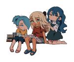  1boy 2girls :d barefoot blonde_hair blue_eyes blue_footwear blue_sweater book book_stack brushing_another&#039;s_hair brushing_hair chibi closed_mouth dark-skinned_male dark_skin dress full_body green_eyes grgrton gundam gundam_suisei_no_majo hair_between_eyes hair_brush hair_down hair_over_one_eye hand_in_another&#039;s_hair henao_jazz holding holding_brush kneeling long_hair long_sleeves multicolored_sweater multiple_girls newspaper open_mouth pinafore_dress ponytail red_footwear red_shirt sabina_fardin sandals shaddiq_zenelli shirt short_sleeves shorts simple_background sleeveless sleeveless_dress smile sweater white_background yellow_sweater 