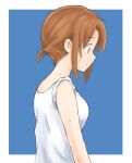  1girl alternate_hairstyle blue_background brown_eyes brown_hair closed_mouth commentary from_side girls_und_panzer hair_tie hair_up looking_to_the_side mutsu_(layergreen) nishizumi_miho shirt short_hair sleeves_rolled_up smile solo sweat white_shirt 