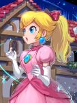  1girl blonde_hair blue_brooch blue_eyes bow breasts dress earrings elbow_gloves gloves hair_bow highres jewelry long_hair mario_(series) medium_breasts open_mouth pink_dress ponytail princess princess_peach puffy_short_sleeves puffy_sleeves short_sleeves solo sphere_earrings untitled_princess_peach_game white_gloves ya_mari_6363 