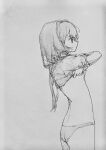  1girl back expressionless eyes_visible_through_hair greyscale iiibanah long_hair monochrome no_pants original panties removing shirt simple_background sketch underwear undressing white_background 