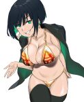  1girl absurdres allmind_(armored_core_6) armored_core armored_core_6 bikini black_hair breasts cleavage colored_inner_hair earrings gold_bikini green_eyes highres jewelry kurozukin_(th_krz_890) looking_at_viewer micro_bikini multicolored_hair navel parted_lips personification shiny_skin short_hair simple_background skindentation smile solo swimsuit thighhighs triangle_earrings white_background 
