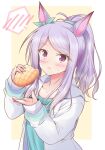  1girl alternate_costume alternate_hairstyle animal_ears aqua_bow aqua_shirt blush border bow bread commentary_request ear_bow eating food food_on_face grey_hoodie highres holding holding_food hood hood_down hoodie horse_ears horse_girl long_hair long_sleeves looking_at_viewer mejiro_mcqueen_(umamusume) melon_bread open_clothes open_hoodie ponytail purple_eyes purple_hair shirt shizuna_kaede simple_background solo umamusume upper_body white_border yellow_background 