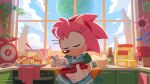  1girl amy_rose apron blue_sky bowl cloud commentary_request cookie egg flower food frog froggy_(sonic) furry furry_female gloves hairband holding holding_bowl holding_whisk official_art plant potted_plant sky smile sonic_(series) stove uno_yuuji whisk white_gloves 