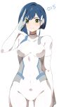  1girl :3 absurdres arm_at_side ass_visible_through_thighs asymmetrical_hair blue_hair blush bob_cut bodysuit breasts character_name closed_mouth commentary covered_navel cowboy_shot darling_in_the_franxx english_commentary green_eyes groin hand_up highres ichigo_(darling_in_the_franxx) impossible_bodysuit impossible_clothes light_blush light_smile looking_at_viewer medium_breasts pilot_suit salute short_hair sia_namsbinpeni simple_background single_sidelock skin_tight smile solo standing straight-on thigh_gap translated white_background white_bodysuit 