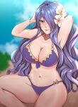  1girl armpits bikini blurry blurry_background breasts camilla_(fire_emblem) camilla_(summer)_(fire_emblem) cleavage fire_emblem fire_emblem_fates fire_emblem_heroes flower hair_flower hair_ornament hair_over_one_eye highres large_breasts long_hair looking_at_viewer navel parted_lips purple_bikini purple_eyes purple_hair rinku_bny solo swimsuit 
