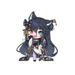 1girl :d animal_ear_fluff animal_ears bare_shoulders black_bow black_hair blue_bow blue_eyes bow cheli_(kso1564) chibi copyright_request full_body hair_between_eyes hair_bun heterochromia highres japanese_clothes kimono long_hair long_sleeves looking_at_viewer off_shoulder pink_eyes short_eyebrows simple_background sleeves_past_wrists smile solo striped striped_bow thick_eyebrows very_long_hair virtual_youtuber white_background white_kimono wide_sleeves 