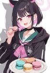  1girl animal_ears black_choker black_hair black_hoodie blue_archive blush cat_ears choker collarbone colored_inner_hair commentary_request food giving green_sailor_collar halo hand_up highres holding holding_food holding_plate hood hood_down hoodie kazusa_(blue_archive) long_sleeves looking_at_viewer macaron multicolored_hair neckerchief open_mouth pink_eyes pink_hair pink_halo pink_neckerchief plate raimu_(clanberry000) sailor_collar shadow short_hair simple_background smile solo teeth tongue upper_teeth_only white_background 