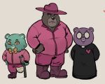  2023 achuchones_(unicorn_wars) amputee anthro bandage bear bottomwear bow_tie brown_body clothing disability eyewear glasses group hat headgear headwear hi_res male mammal meshpuyis overweight overweight_male padre_(unicorn_wars) pants purple_body sargento_caricias shirt topwear unicorn_wars 