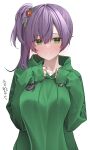  1girl absurdres blush breasts breasts_squeezed_together double-parted_bangs embarrassed green_eyes green_hoodie hair_between_eyes hand_fan highres hood hoodie kawai_ritsu_(rits_meg) large_breasts link!_like!_love_live! long_hair long_sleeves looking_at_viewer love_live! nervous_smile otomune_kozue purple_hair simple_background sleeves_past_wrists smile solo translation_request upper_body white_background 