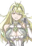  1girl bare_shoulders blonde_hair breasts cleavage collarbone commentary_request covered_collarbone cross cross_earrings earrings elbow_gloves gloves gonrikiya hand_up headpiece highres jewelry large_breasts leotard long_hair looking_at_viewer mythra_(xenoblade) simple_background smile solo upper_body very_long_hair white_background white_gloves white_leotard xenoblade_chronicles_(series) xenoblade_chronicles_2 