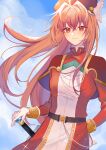  1girl absurdres antenna_hair bird brown_eyes capelet cloud eiyuu_densetsu estelle_bright highres long_hair looking_at_viewer orange_hair outdoors pommel portrait sakuradonuts sky smile solo sora_no_kiseki sword weapon 