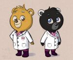  4_fingers anthro bear black_body black_fur blue_eyes boots boyfriends brown_eyes clothing coat corgi_(artist) doctor duo fan_character fingers footwear fur hair lab_coat male male/male mammal medical messy_hair pink_clothing serious serious_face smile smiley_face teddy_bear_(species) topwear unicorn_wars white_ears yellow_body yellow_fur 