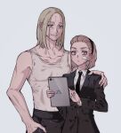 1boy 1girl bandaid bandaid_on_face bare_shoulders black_suit blonde_hair blue_eyes brown_eyes collarbone facial_hair formal hair_slicked_back hairband hand_in_pocket hand_on_another&#039;s_shoulder holding holding_tablet_pc hunter_x_hunter long_sleeves necktie sasakihxh shirt short_hair simple_background sleeveless suit tablet_pc tank_top theta_(hunter_x_hunter) tserriednich_hui_guo_rou upper_body white_background white_shirt 