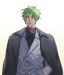  1boy artist_name black_coat coat coat_on_shoulders drggarashi english_text green_eyes green_hair hand_in_pocket lo_po_bia_traumerei looking_at_viewer male_focus open_clothes open_coat open_mouth parted_bangs short_hair solo tower_of_god turtleneck twitter_username white_background 